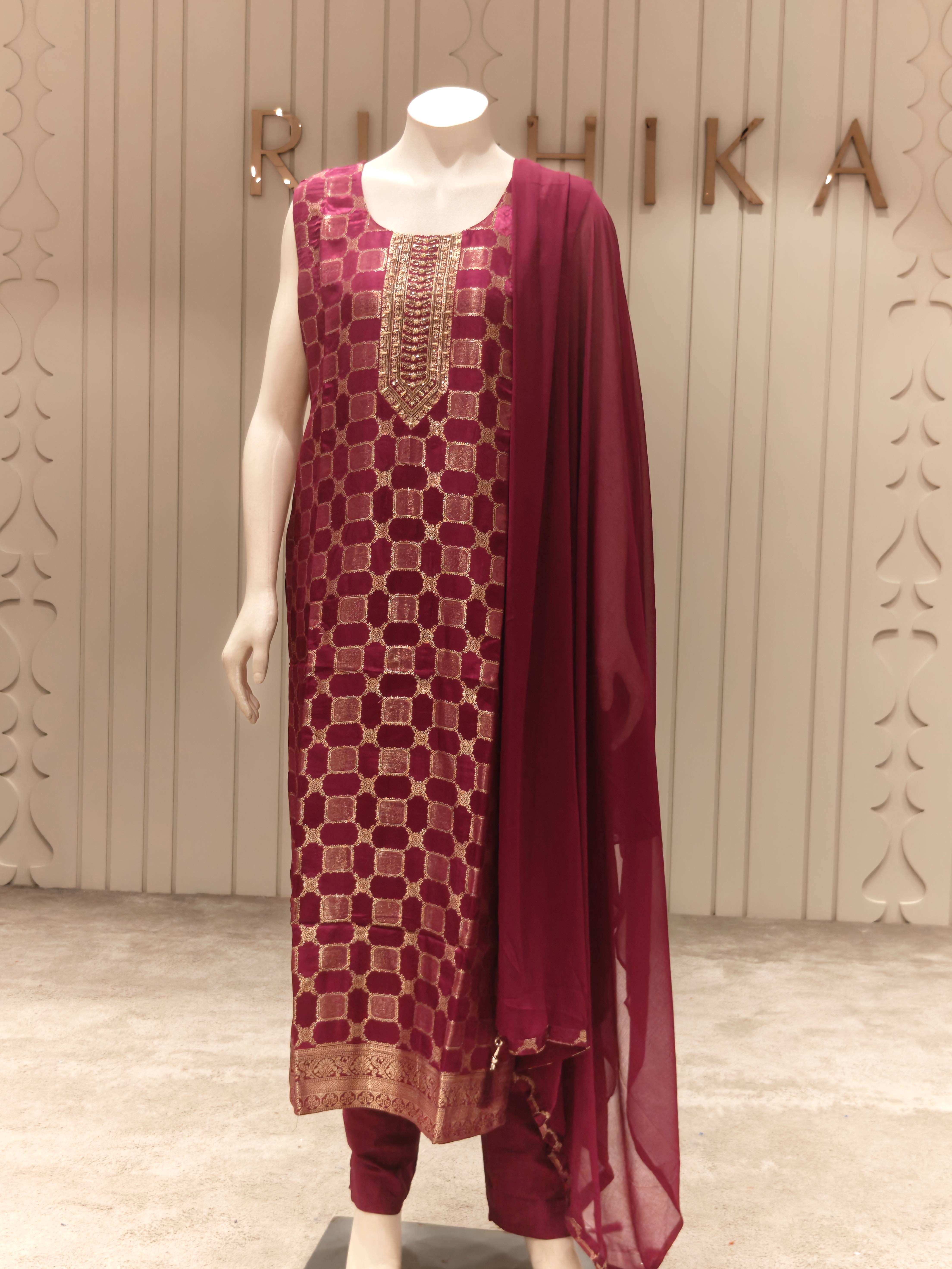 Banaras Silk Woven Straight Suit Set with Dupatta – Wine Maroon